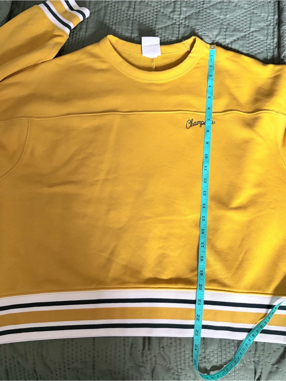 Champion Script Logo Mustard Yellow Striped Trim Crewneck Sweatshirt XXL - Picture 5 of 5